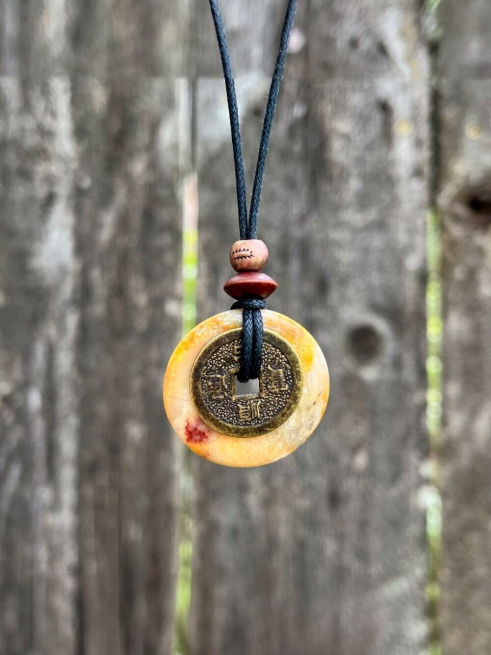 Crazy Lace Agate Lucky Coin Pendant Necklace Yellow | Handmade - Picture 4 of 6